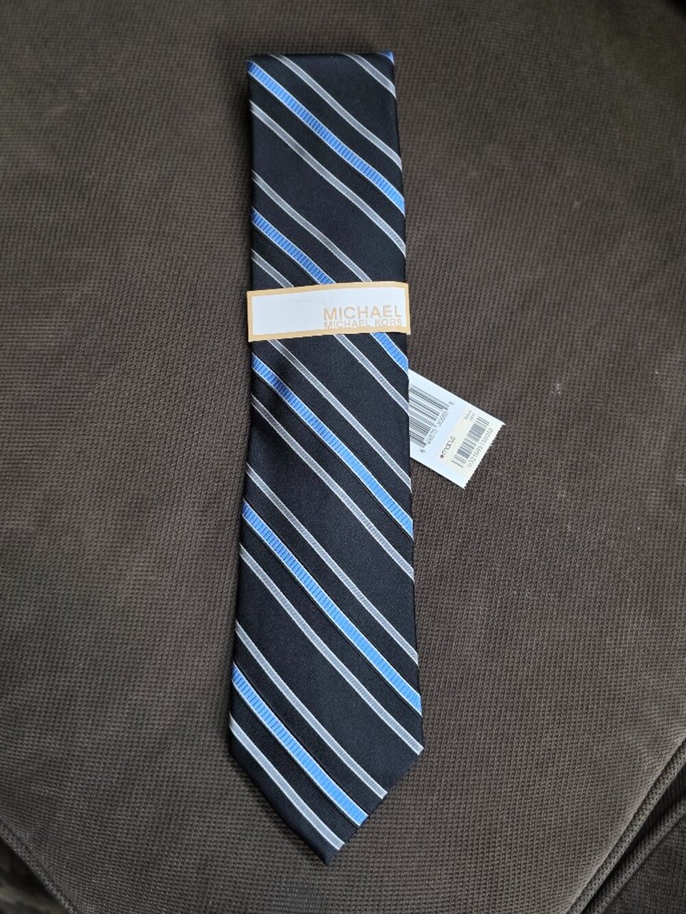 NWT MICHAEL Michael Kors Blue/Black/Silver Striped Silk Tie